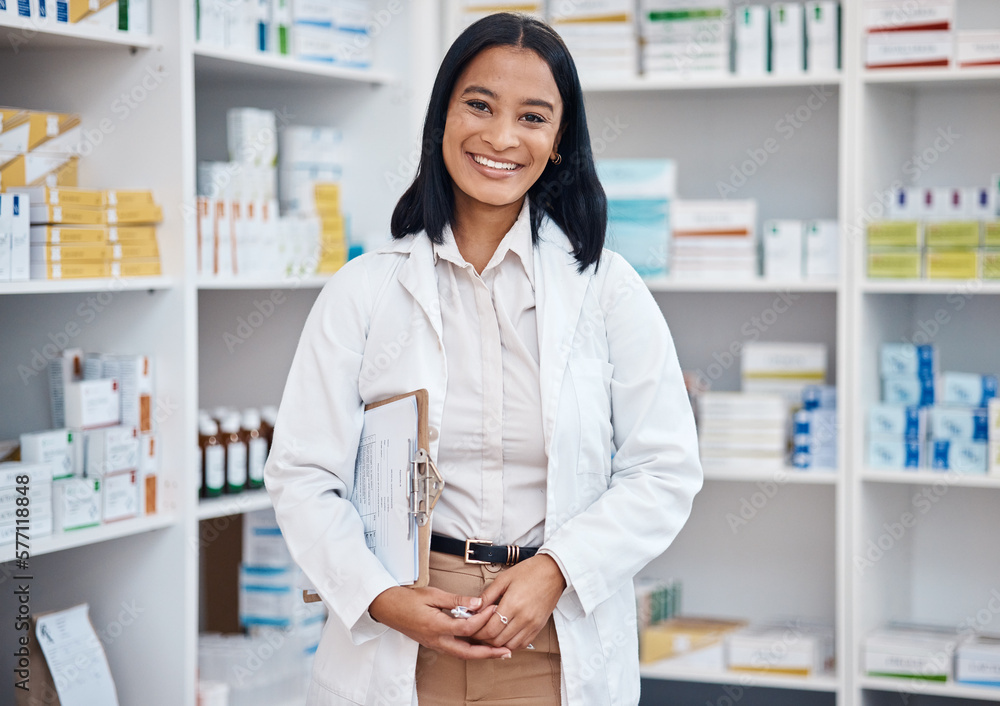 Pharmacy portrait, product inventory and happy woman stock take in drugs store, pharmaceutical shop or healthcare dispensary. Retail clinic, pills shelf or medical pharmacist with clipboard checklist Pharmacy portrait, product inventory and happy woman stock take in drugs store, pharmaceutical shop or healthcare dispensary. Retail clinic, pills shelf or medical pharmacist with clipboard checklist