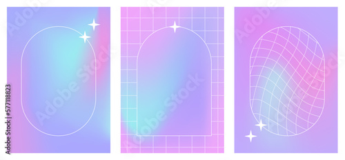 Modern fluid gradient posters with linear forms and sparkles. Trendy minimalist brutalism aesthetic print with line arch frames, stars and blurred holographic background vector poster template set.