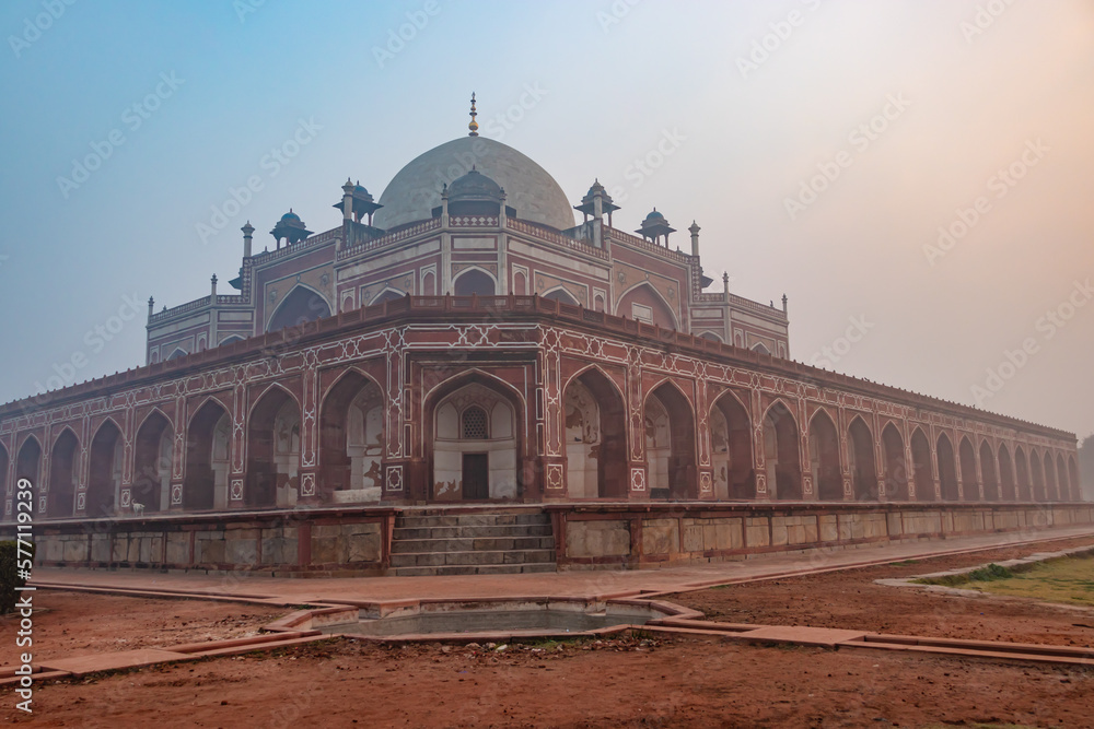 humayun tomb at misty morning from unique perspective