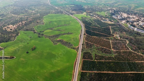 Bitronot Ruhama reserve, Israel, spring blossom at the Negev Desert, 4k aerial drone view