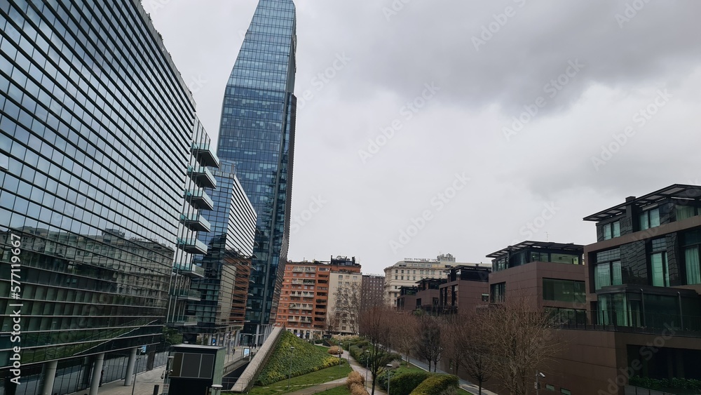 Milan, Italy-February, 26, 2023: Beautifull view of the new residence. Solar panels. City of the fashion industry. Modern architecture of residential and business buildings in City Life.