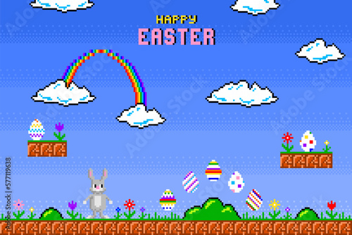 Happy Easter greeting card. Easter rabbit in style of eight-bit game. Inscription of Happy Easter. Vector illustration	
