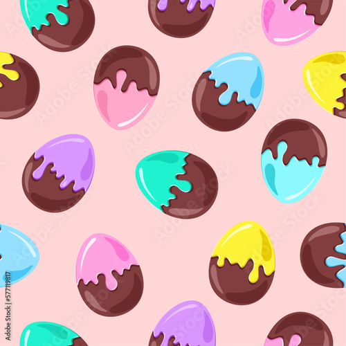 chocolate Easter eggs with bright glaze on pink background. Seamless pattern.  Texture for fabric, wrapping, wallpaper. Decorative print. Vector illustration 