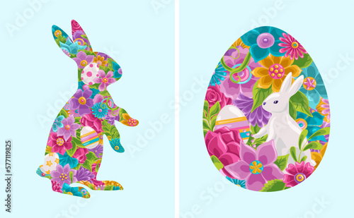 Easter rabbit and easter egg silhouettes with easter eggs, leaves and flowers, spring pattern.Decorative vector illustration.