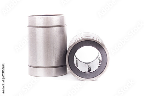 linear bearing made of metal for 3D printer. for guide bushings. on a white background. close-up