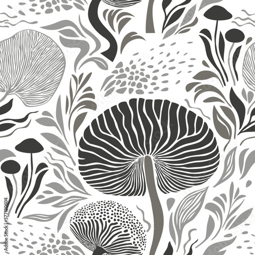 Seamless pattern , mushrooms and plants, leaves and branches, botanical illustration