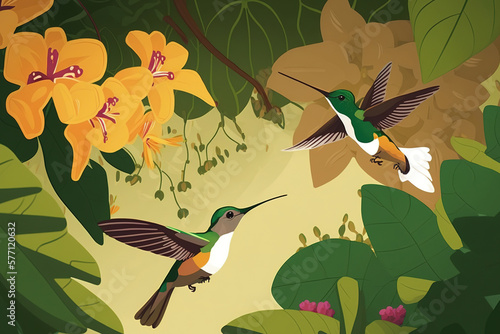 Two feeding birds in a natural habitat, Montezuma, Colombia White tailed Hillstar, Urochroa bougueri, two hummingbirds in flight by the ping flower, green and yellow background. Generative AI photo
