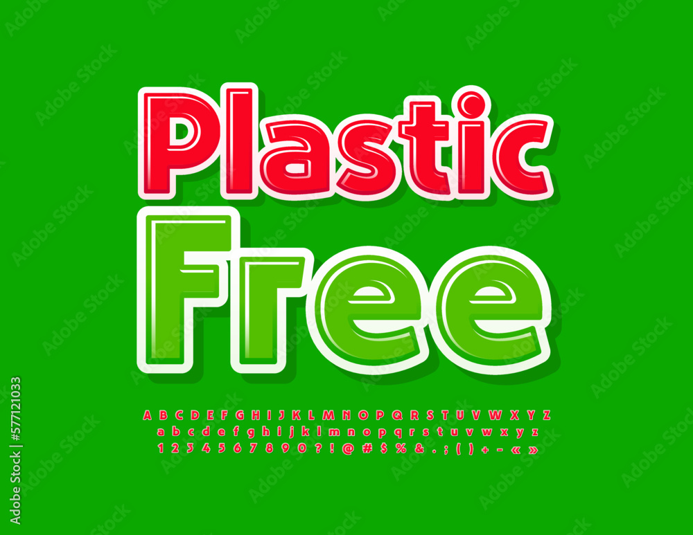 Vector bright Emblem Plastic Free with Red glossy Font. Creative Alphabet Letters, Numbers and Symbols set Vector bright Emblem Plastic Free with Red glossy Font. Creative Alphabet Letters, Numbers and Symbols set