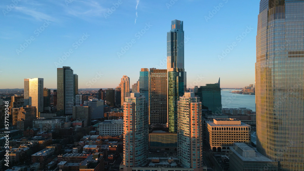 Obraz premium Jersey City with Goldman Sachs building - aerial view - drone photography