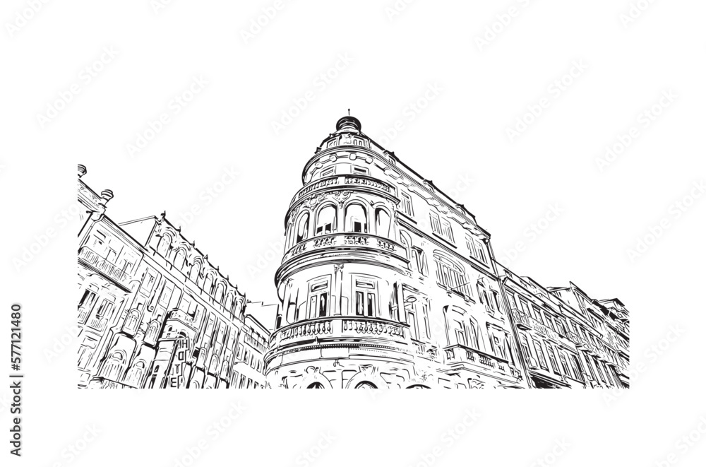 Obraz premium Building view with landmark of Porto Novo is the capital of Benin. Hand drawn sketch illustration in vector.