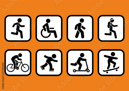 Set, collection Information sign, path for pedestrians and cyclists, runner, wheel chair, walker, cyclist, jogging, skater, push scooter, skateboarder,  illustration, template, vector icon, symbols