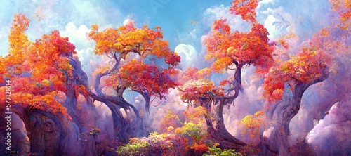 Dreamlike forest of autumn orange and yellow colors, surreal vegetation, mythical and otherworldly, natural beauty, vibrant imaginative woods - high detail generative ai. © SoulMyst