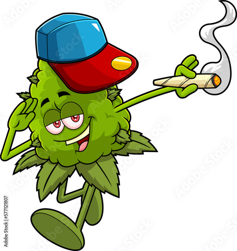 Marijuana Bud Cartoon Character With Joint Salute. Vector Hand Drawn Illustration Isolated On Transparent Background