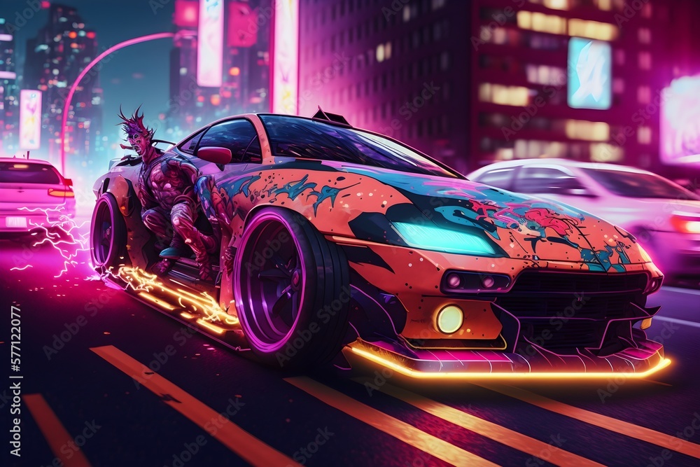 Race Car with a custom wrap racing through a cyberpunk city | Cyberpunk Ai Generated synthwave wallpaper/background |