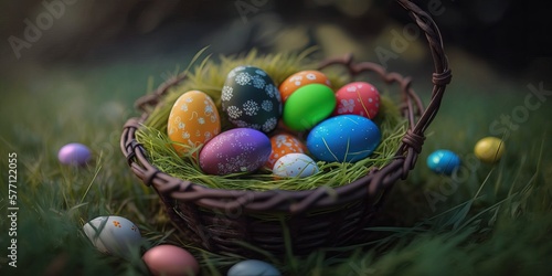 Easter Eggs  in A Grass Basket  Generative Ai