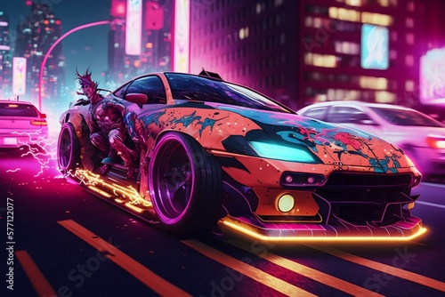 Race Car with a custom wrap racing through a cyberpunk city   Cyberpunk Ai Generated synthwave wallpaper/background   © Skrotaa
