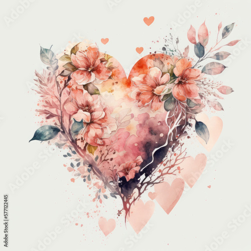 Fototapeta Naklejka Na Ścianę i Meble -  abstract watercolor heart with flowers, generative AI  finalized in Photoshop by me 