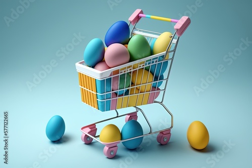 Chicken eggs pile in shopping cart, trolley. High quality photo on the blue background Generative AI