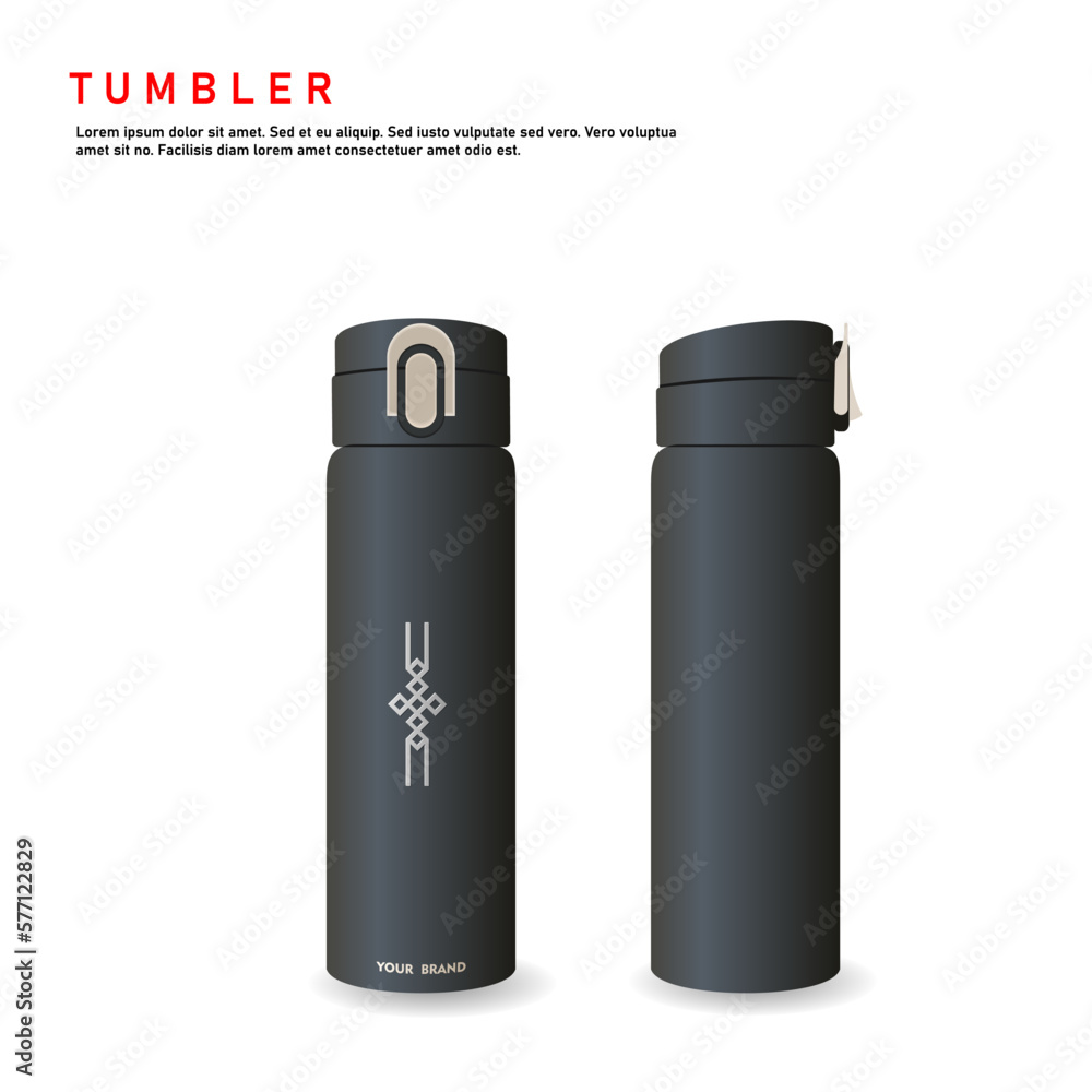 Tumbler mockup aluminum Bottle with black white colors, realistic vector mockup water bottle