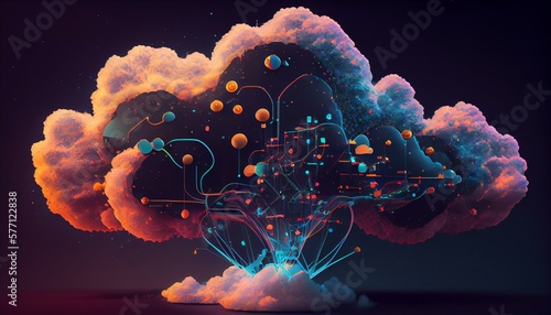 A futuristic illustration of a cloud-based AI system with neural networks and data processing nodes connected through the cloud.. Generative AI