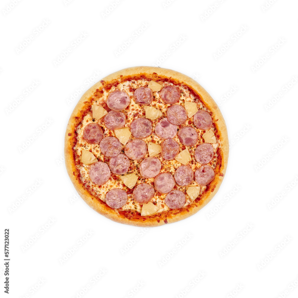 Hawaiian Pizza top view on a white background isolate Hawaiian Pizza top view on a white background isolate