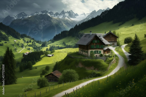 Landscape of Alpine mountains, Landscape of Alpine Mountains with Rural Houses in Green Valley, Generative AI