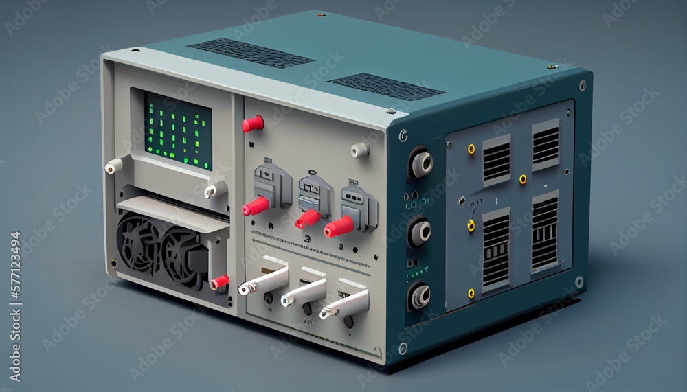 An illustration of a power supply unit with input and output ports.. Generative AI An illustration of a power supply unit with input and output ports.. Generative AI