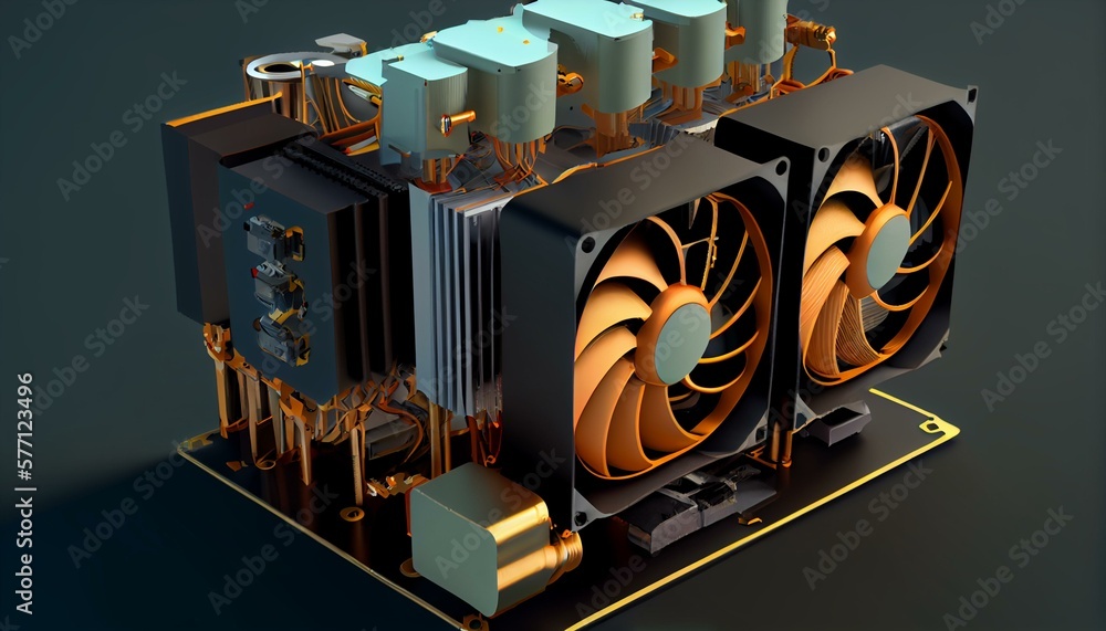 An illustration of a cooling system with fans and heatsinks.. Generative AI An illustration of a cooling system with fans and heatsinks.. Generative AI