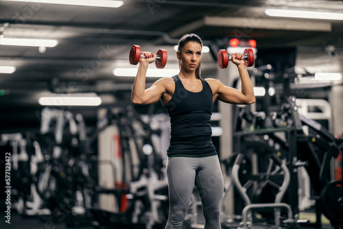 A strong sportswoman is lifting dumbbells and doing exercises for biceps in a gym.