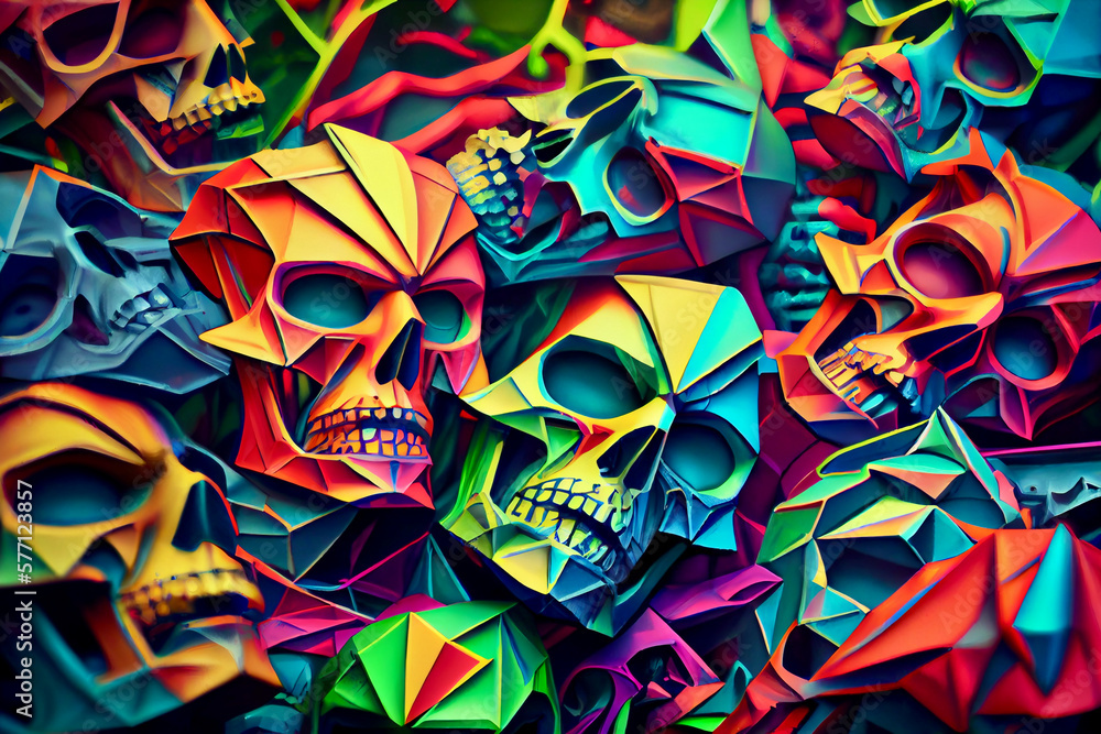 Generative AI render of colorful skulls and demons