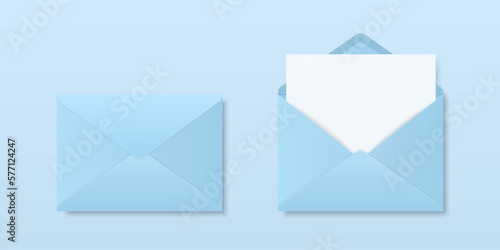 Vector Realistic Blank Blue Closed, Opened Envelopes with Letter Inside. Folded, Unfolded White Envelope Icon, Mockup Set Closeup Isolated. Message, Alert, Congratulations, Surprise, Secret Concept