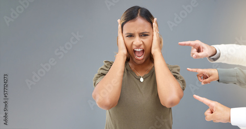 Bild auf Leinwand Shouting, pointing and fingers with portrait of woman for bullying, shame and accusation with mockup