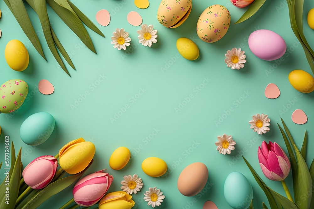 colorful tulips and eggs lying on teal green background with copy space for easter greeting card colorful tulips and eggs lying on teal green background with copy space for easter greeting card
