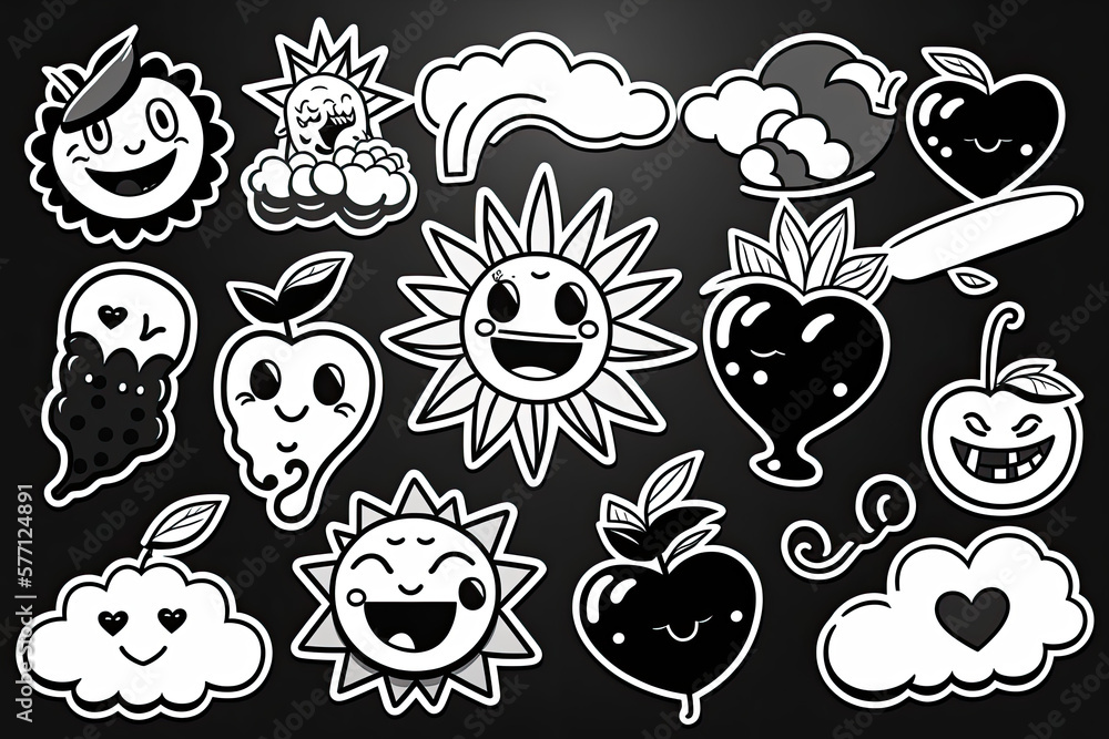Fototapeta premium black and white 12 Sticker pack of funny cartoon , generative artificial intelligence 