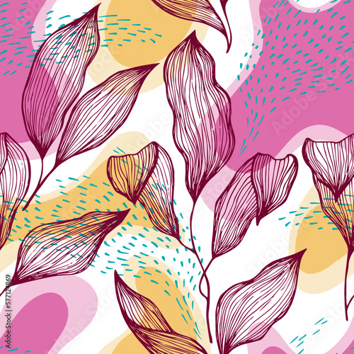 Sketch style doodle line texture leaves over stains and dots seamless vector ...