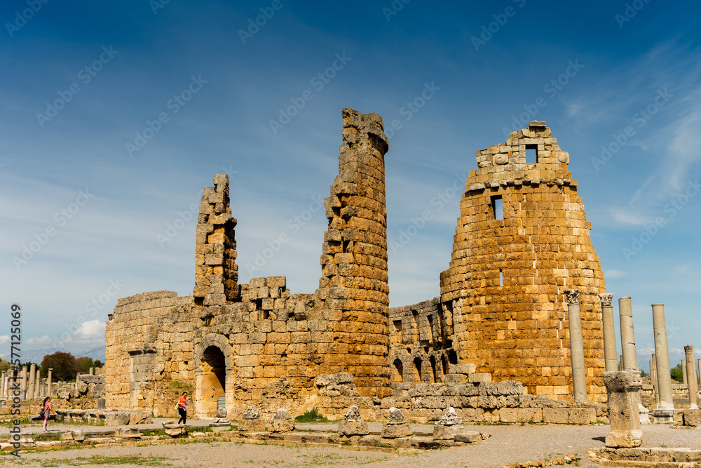 The ruins of ancient ancient Anatolian city of Perge located near the Antalya city in Turkey - sep 2022