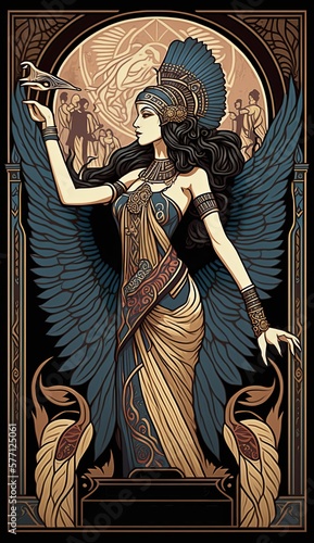 Isis, Egyptian Goddess, ideal mother and wife and the mother of nature and magic. AI generative, art nuveau style. photo