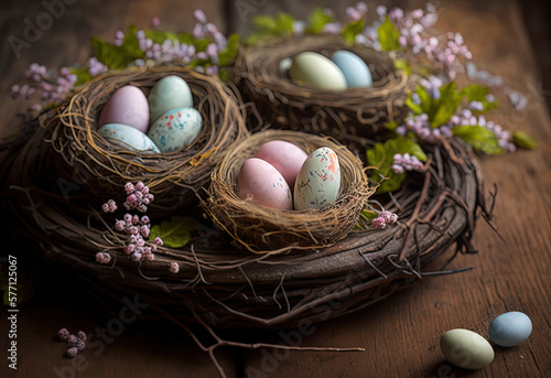 Nests filled with Easter eggs, pastel eggs, spring flowers, floral decoration, wooden table, romantic Easter flair. Generative AIl