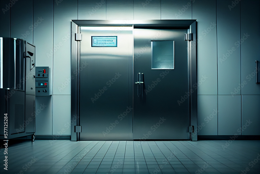 Stainless steel door and walls, clean room.generative ai Stainless steel door and walls, clean room.generative ai