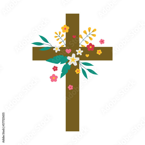 Cross with flowers. Design for Easter, baptism, christening, cards, paper, invitations, scrapbooking, textiles, wrapping. Christian cross. Funeral cross