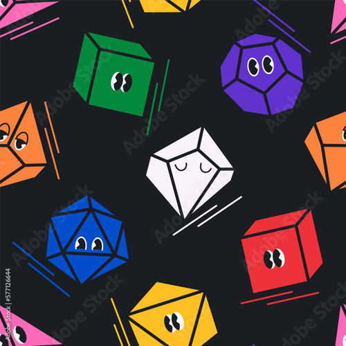 Seamless pattern with colorful dice. Polyhedral dices for rpg tabletop games. Colorful geometric shapes, gems, crystals with eyes. Modern vector illustration photo