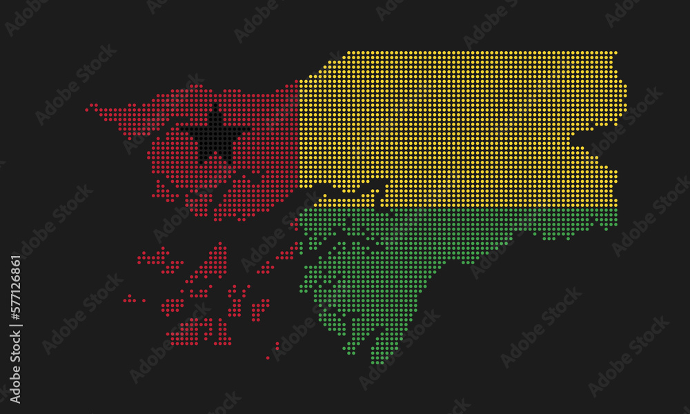 Guinea Bissau dotted map flag with grunge texture in mosaic dot style. Abstract pixel vector illustration of a country map with halftone effect for infographic. 