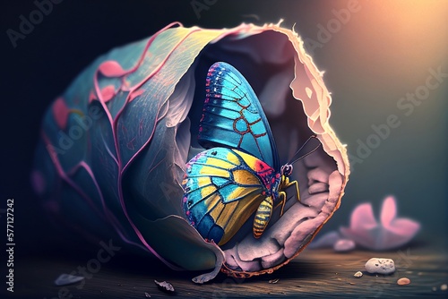 Fotografiet Vibrant Butterfly Emerging From Cocoon – Generative AI