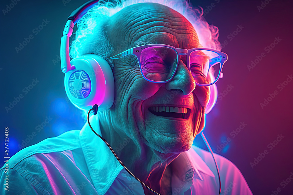 Grandpa listens to music. Cool grandfather wearing headphones listening music. generative ai. Forever young elderly hipster man enjoys a favourite song