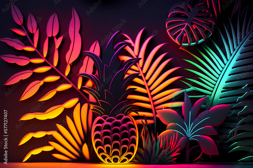 lighting neon vivid pineapple on black background, created with generative ai lighting neon vivid pineapple on black background, created with generative ai
