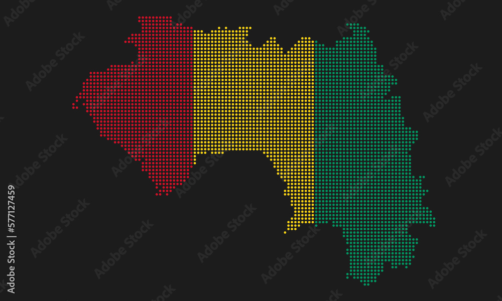 Guinea dotted map flag with grunge texture in mosaic dot style. Abstract pixel vector illustration of a country map with halftone effect for infographic. 