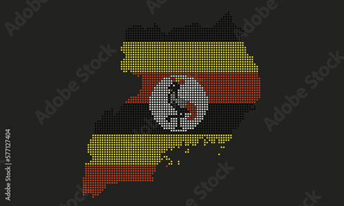 Uganda dotted map flag with grunge texture in mosaic dot style. Abstract pixel vector illustration of a country map with halftone effect for infographic. 