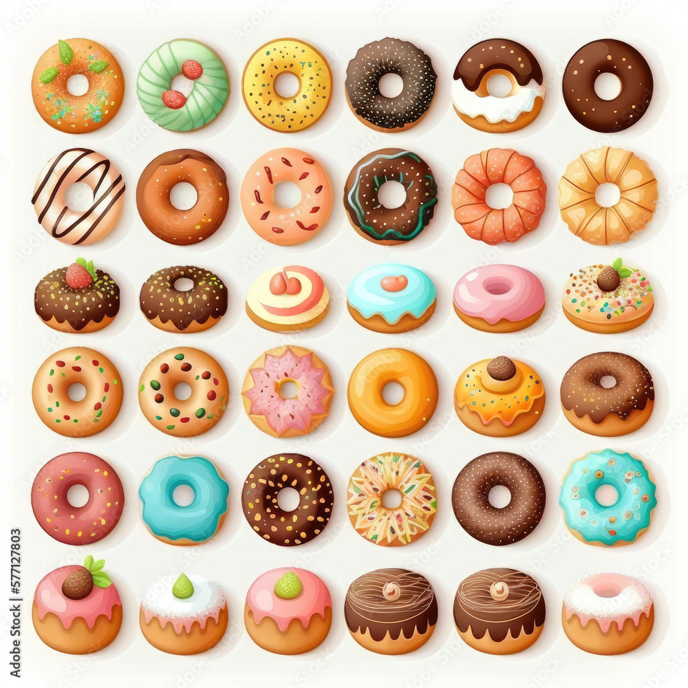 Set of colorful donuts, Generative AI Set of colorful donuts, Generative AI