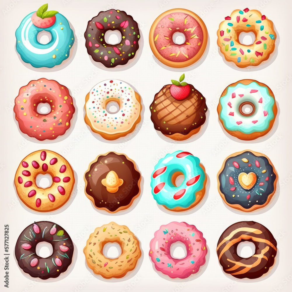 Set of colorful donuts, Generative AI Set of colorful donuts, Generative AI
