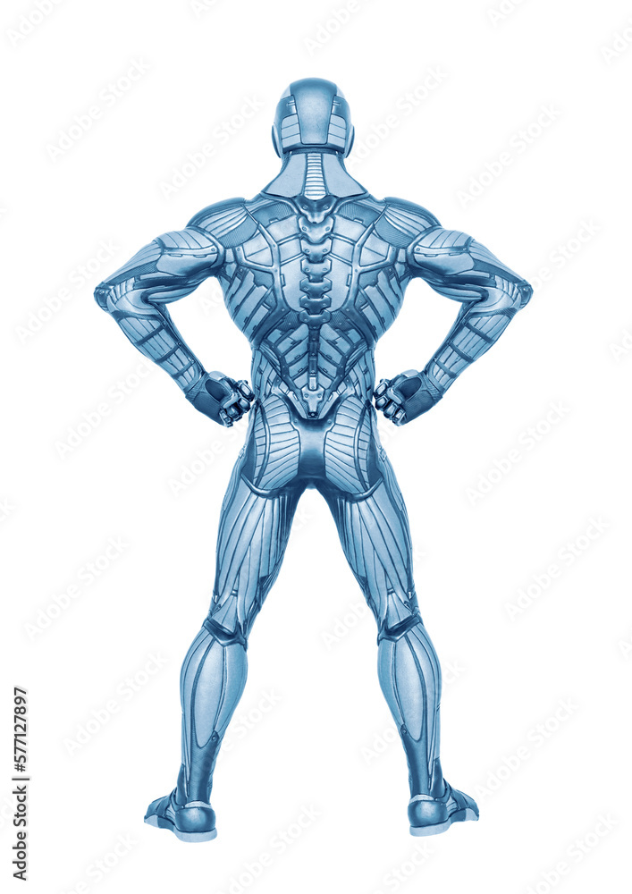 super hero in an exosuit is doing a power pose rear view